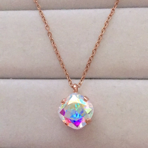 Aurora Borealis + Rose Gold Cushion Cut Crystal Drop Pendant Necklace - Picture 5 of 10